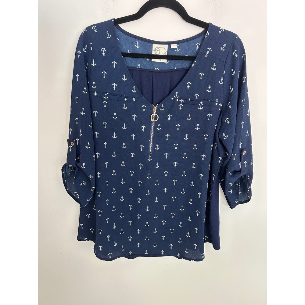 Janet Chung Navy Blue Anchor Print Zip V-Neck Roll Tab Coastal Beach Blouse 1X